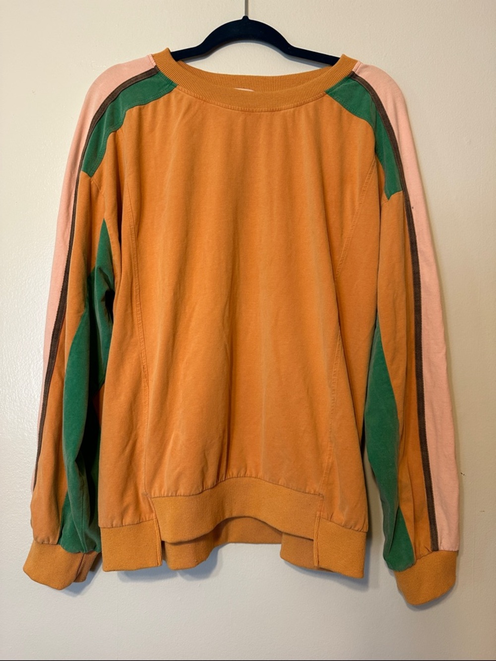 Three Bird Nest Orange Crewneck with Pink & Green Accent Stripes